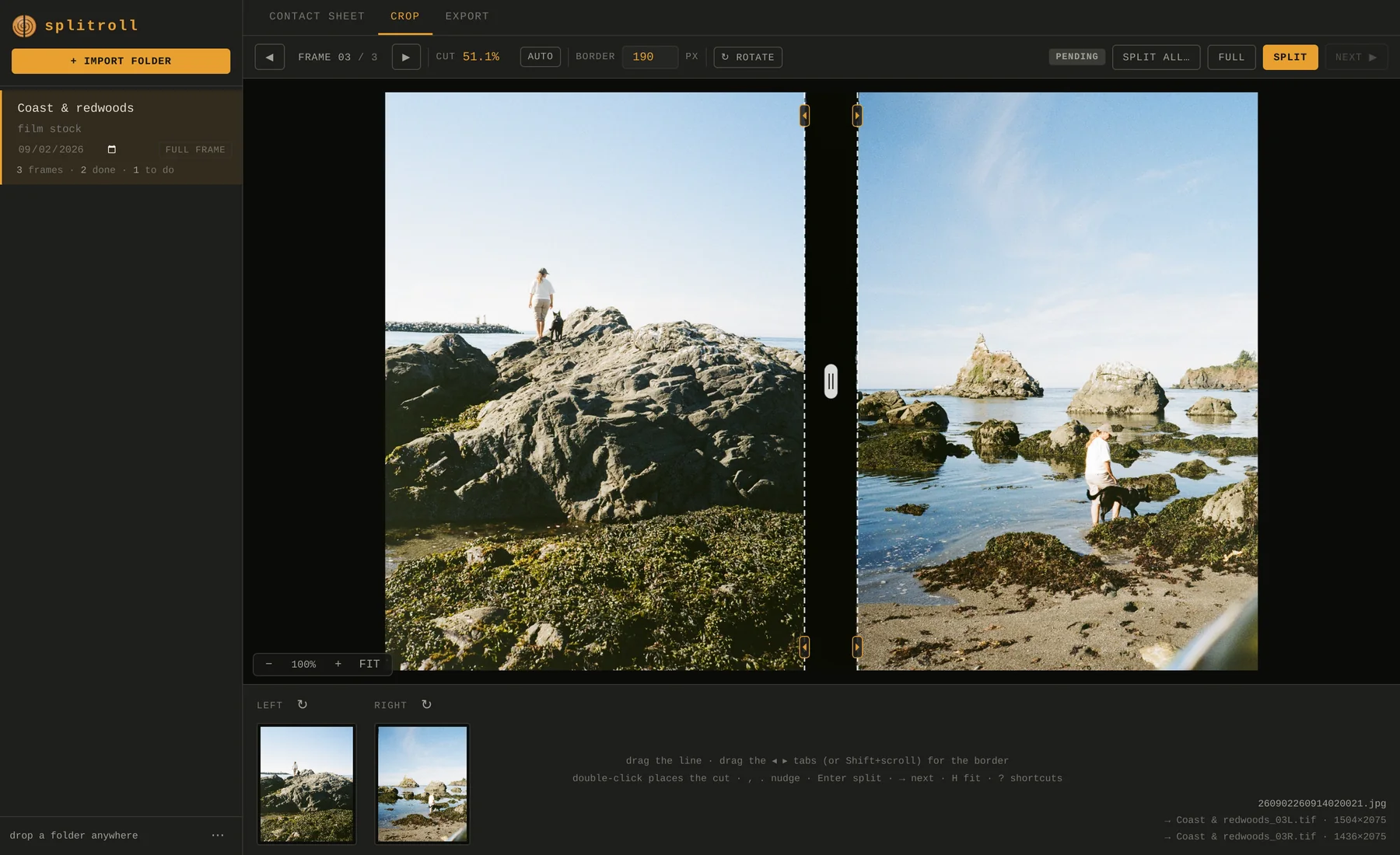 The Crop view with a beach scan waiting to be split: a person and a dog on a large rock on the left, and the same pair in a tide pool on the right.